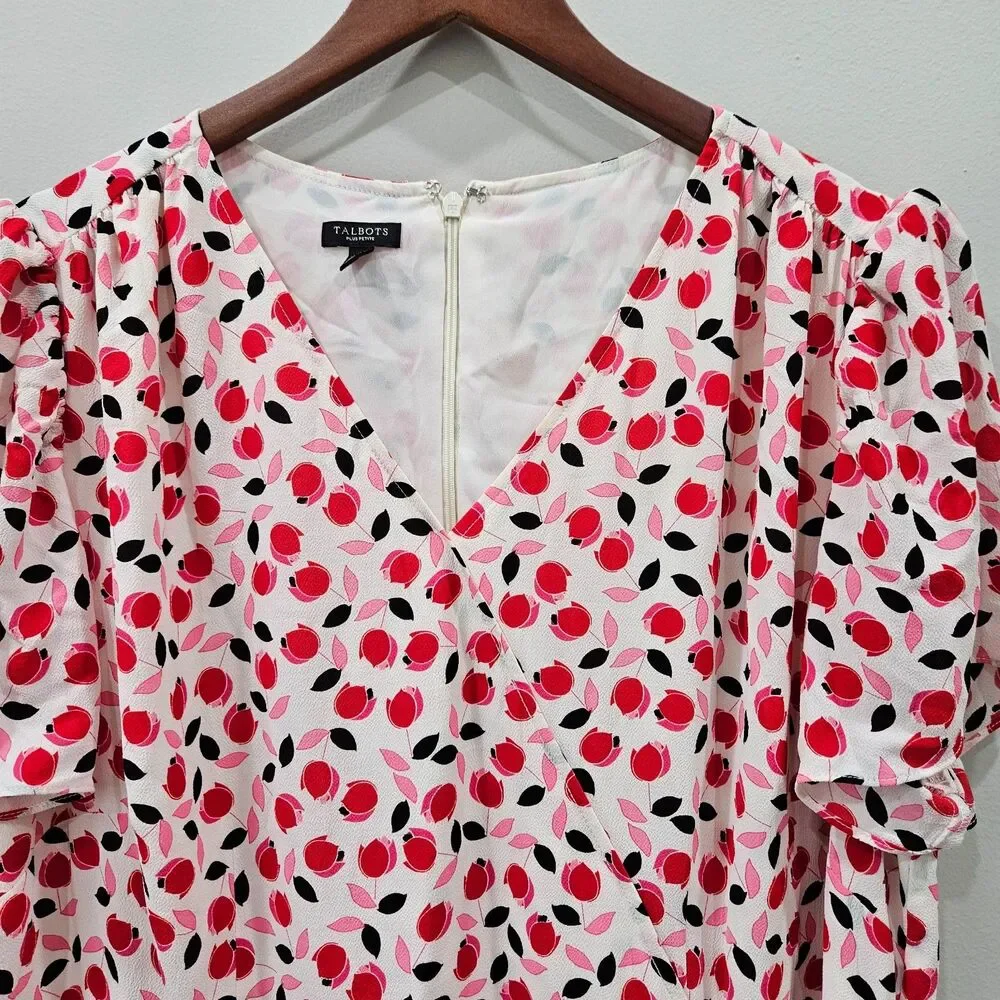 Talbots Womens Chiffon Wrap Dress 18WP White Red Ruffled Floral Fairy Bohemian
